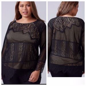 Lane Bryant Blouse Top 18/20 Black Crochet Lace Mesh Lined  Whimsy Goth Romantic